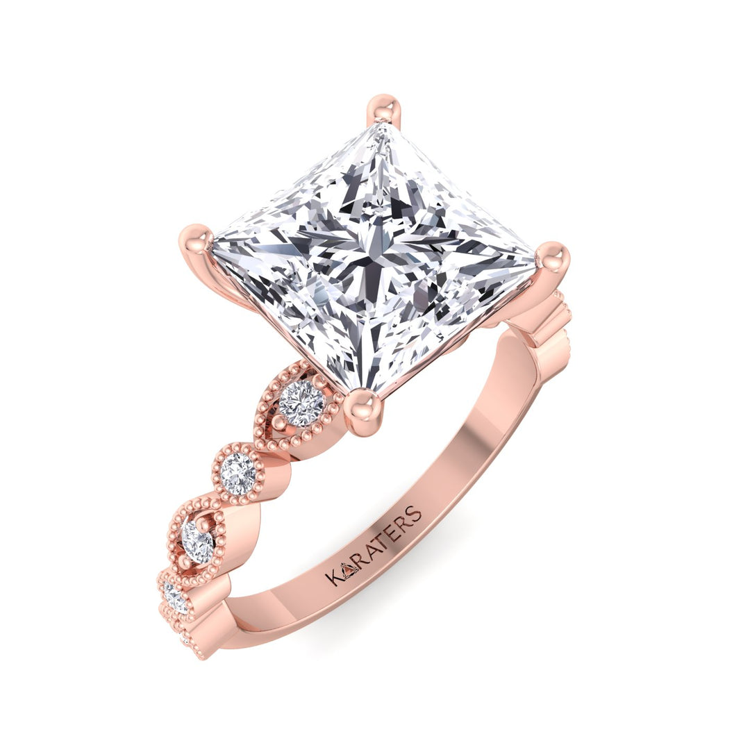 Princess Lab Diamond Ring Detailed SideStones Rose Gold