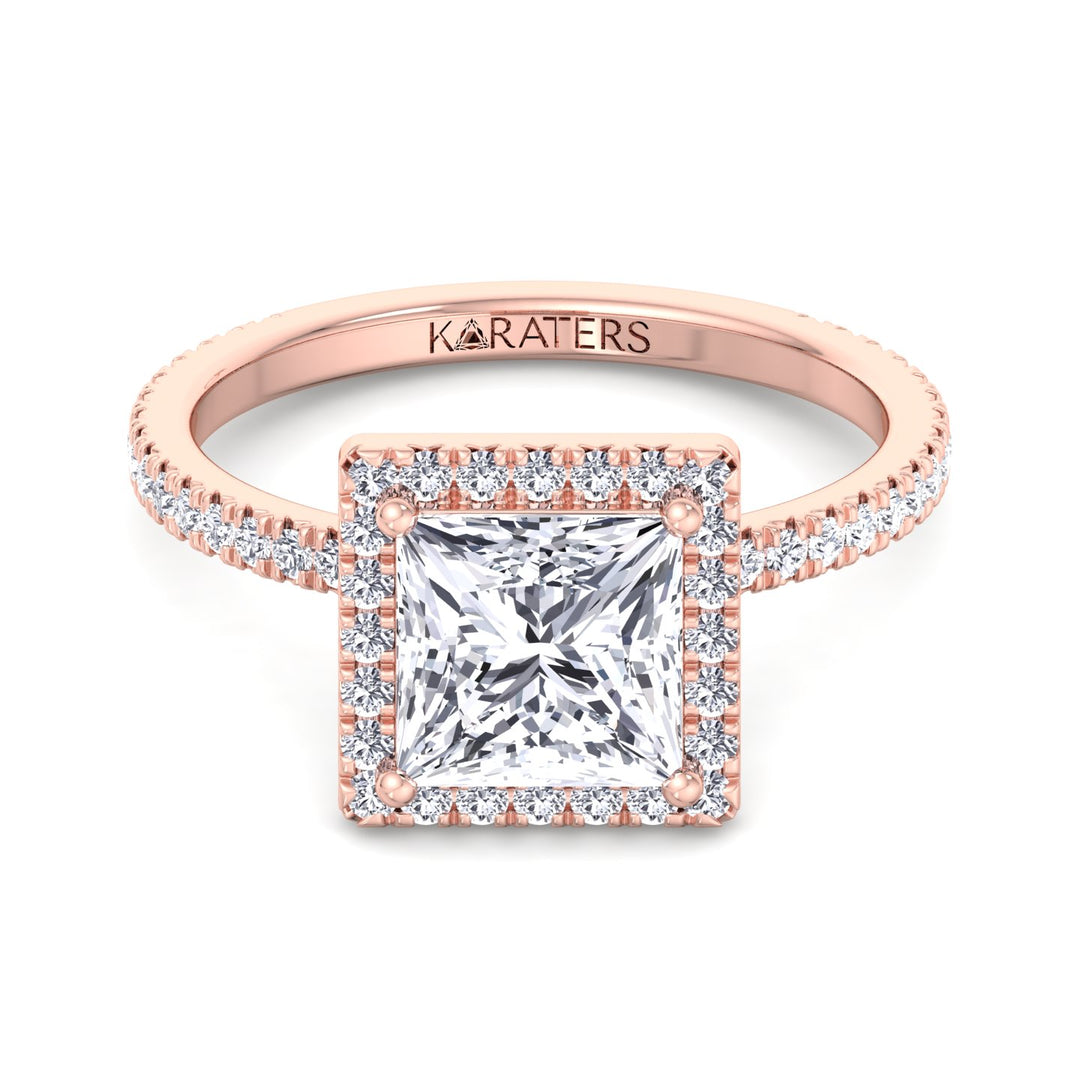 Princess Lab Diamond Ring Pave SideStones Rose