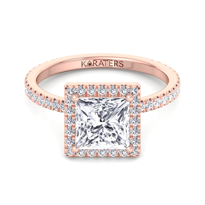 Princess Lab Diamond Ring Pave SideStones Rose