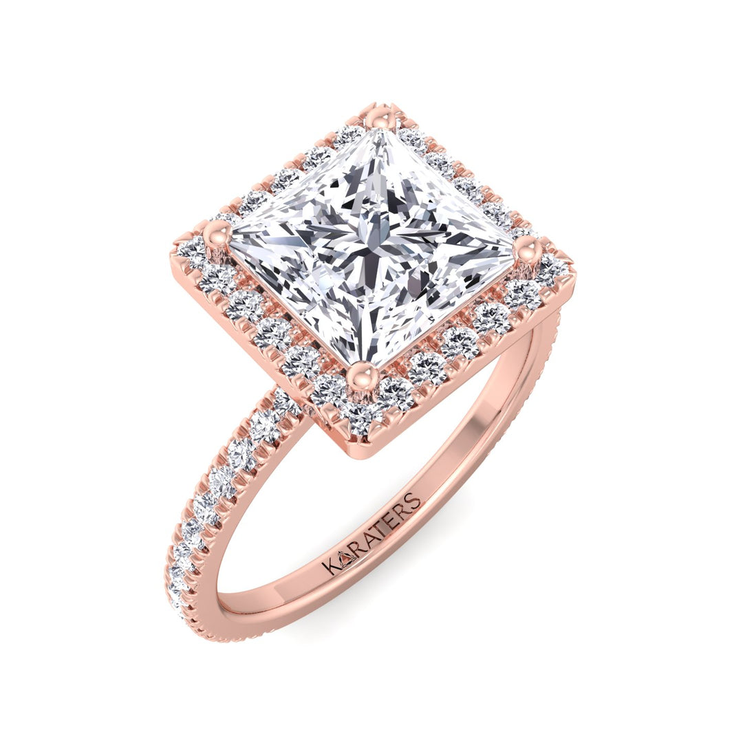 Princess Lab Diamond Ring Pave SideStones Rose Gold