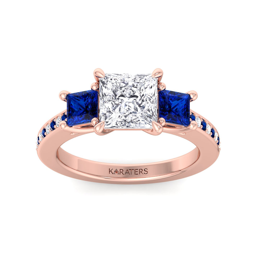 Princess Lab Diamond Ring Sapphire Sidestones Rose