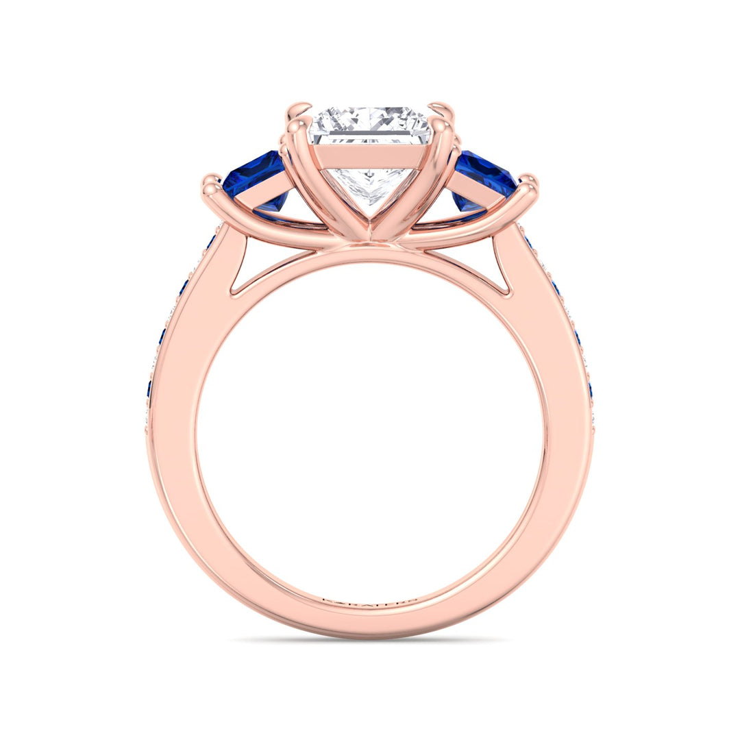 Princess Lab Diamond Ring Sapphire Sidestones Rose Gold