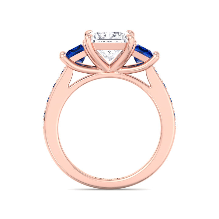 Princess Lab Diamond Ring Sapphire Sidestones Rose Gold
