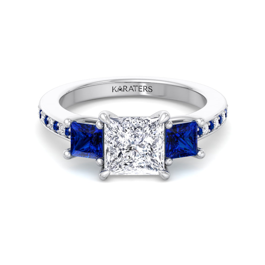 Princess Lab Diamond Ring Sapphire Sidestones White Gold