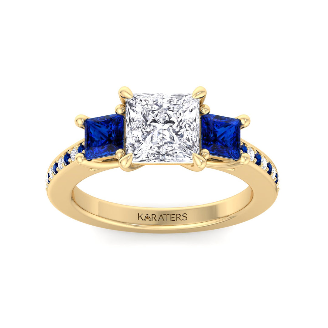 Princess Lab Diamond Ring Sapphire Sidestones Yellow
