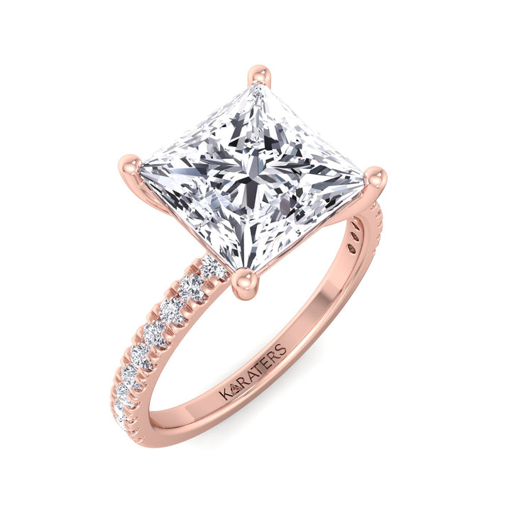 Princess Lab Diamond Ring with Pave SideStones Rose