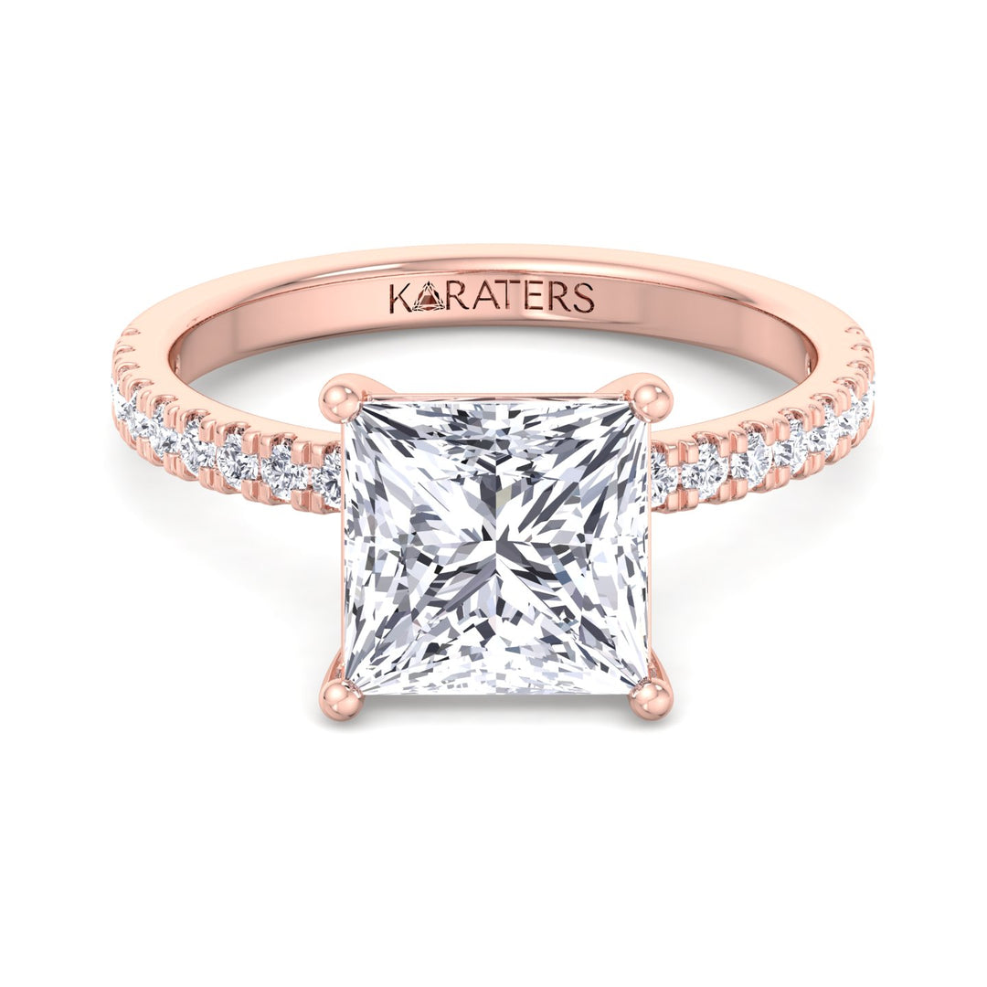 Princess Lab Diamond Ring with Pave SideStones Rose Gold
