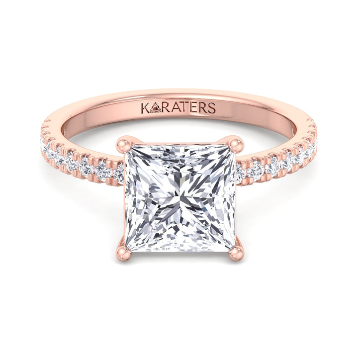Princess Lab Diamond Ring with Pave SideStones Rose Gold