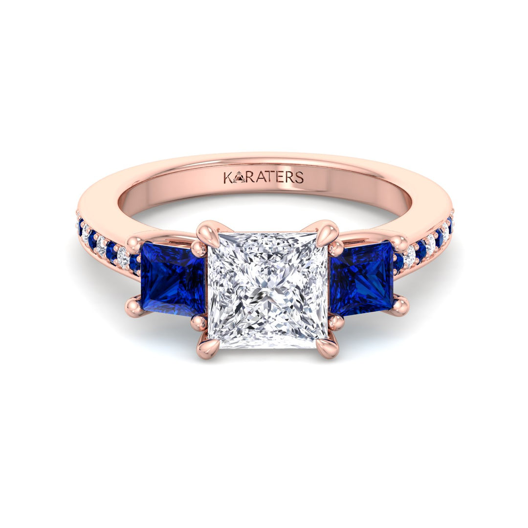 Princess Lab Diamond Rose Gold Ring Sapphire Sidestones