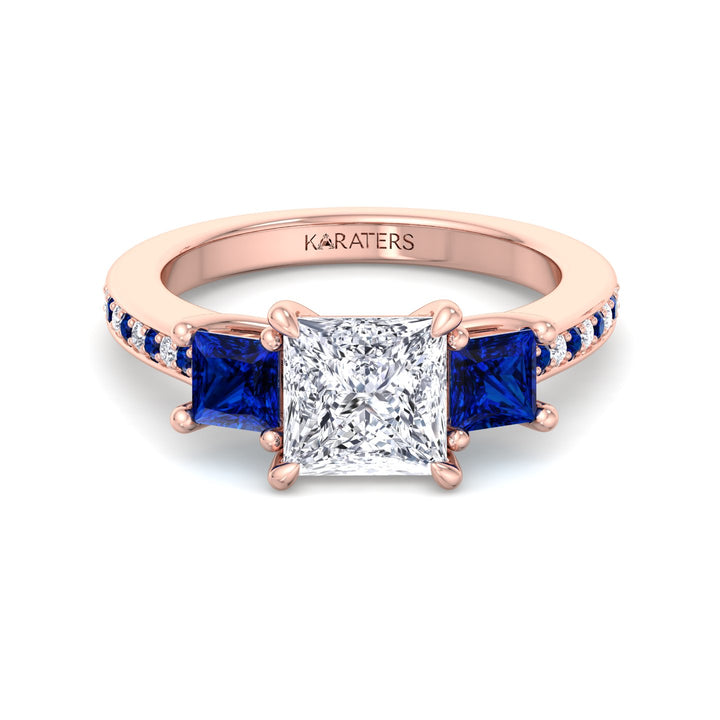 Princess Lab Diamond Rose Gold Ring Sapphire Sidestones