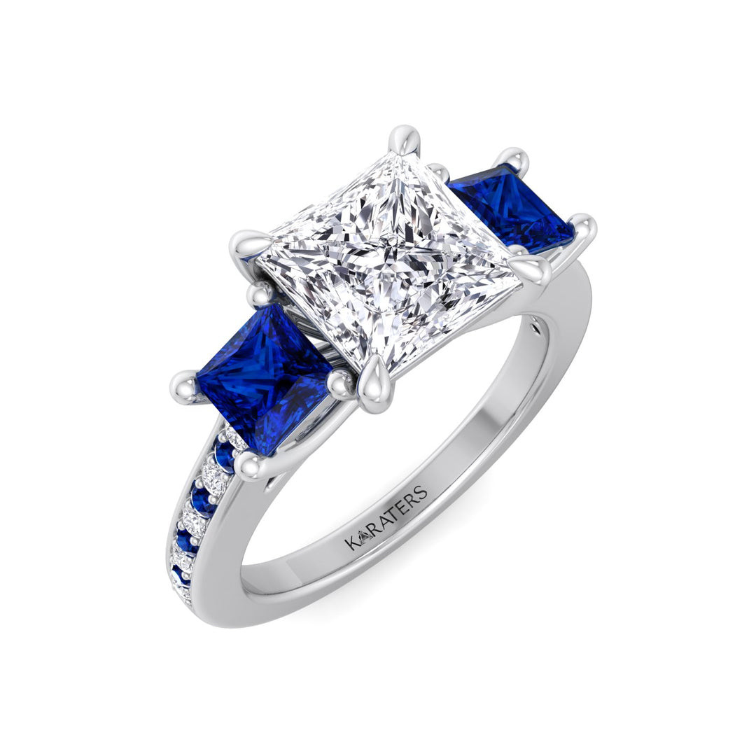 Princess Lab Diamond White Ring Blue Sapphire Sidestones