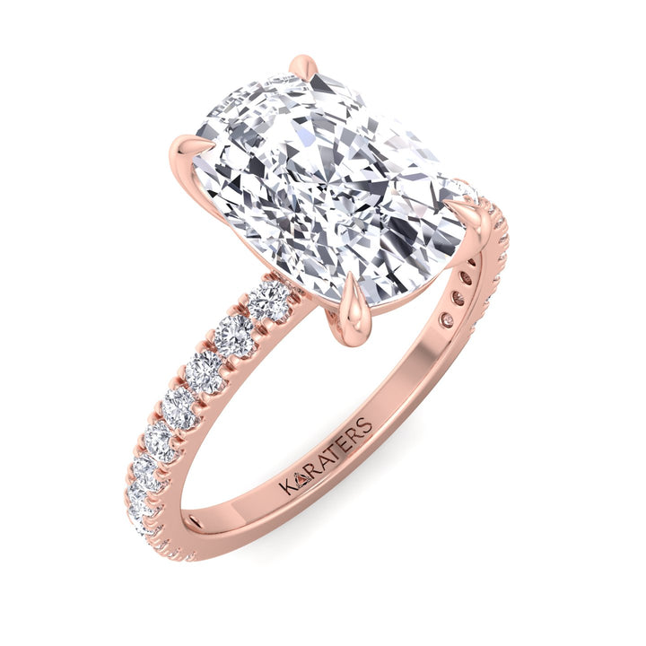 Elongated Cushion Lab Diamond Ring Sidestones Rose Gold, Top Down
