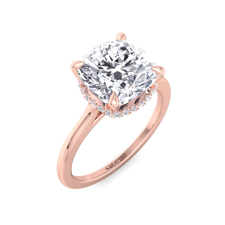 Cushion Cut Lab Grown Diamond Solitaire Engagement Ring with Hidden Halo