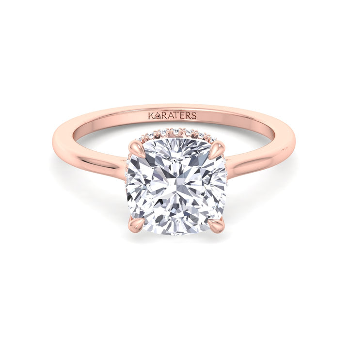 Cushion Cut Lab Grown Diamond Solitaire Engagement Ring with Hidden Halo