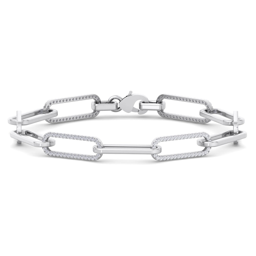 A silver bracelet with a paperclip link chain design, featuring lab-grown diamonds.