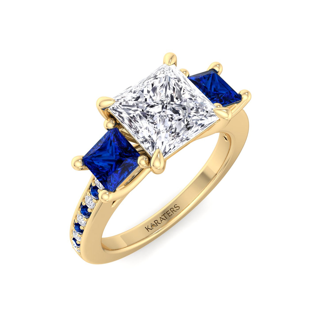 Princess Lab Diamond Ring Sapphire Sidestones Yellow Gold