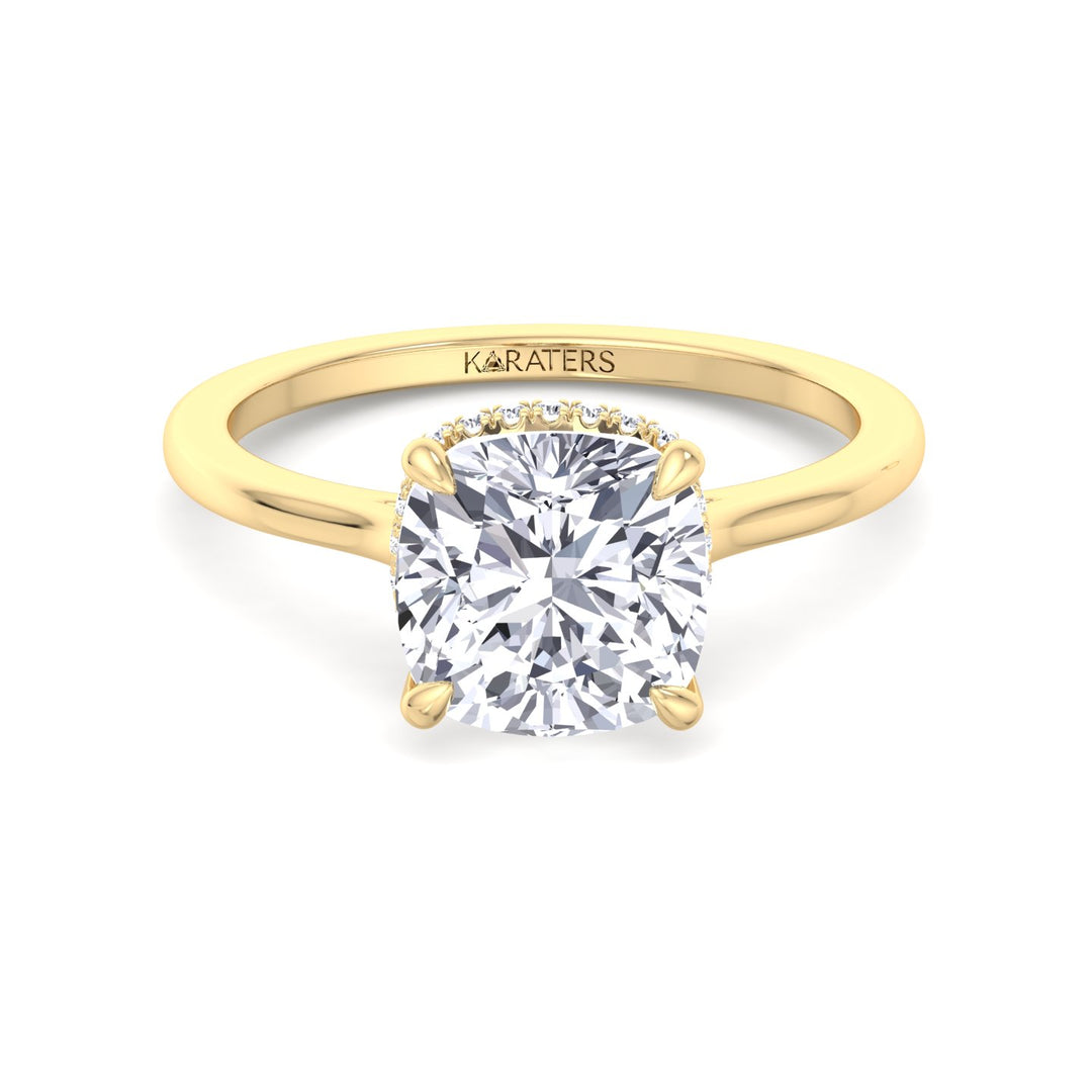 Cushion Cut Lab Grown Diamond Solitaire Engagement Ring with Hidden Halo