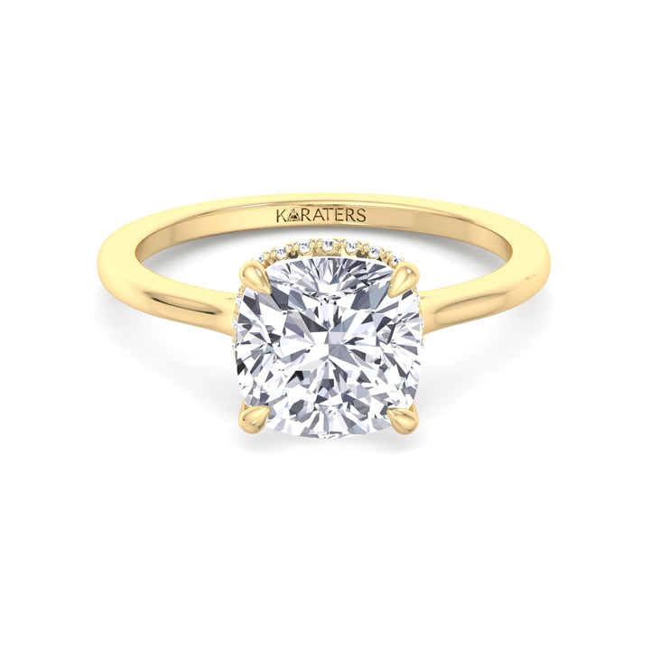 Cushion Cut Lab Grown Diamond Solitaire Engagement Ring with Hidden Halo