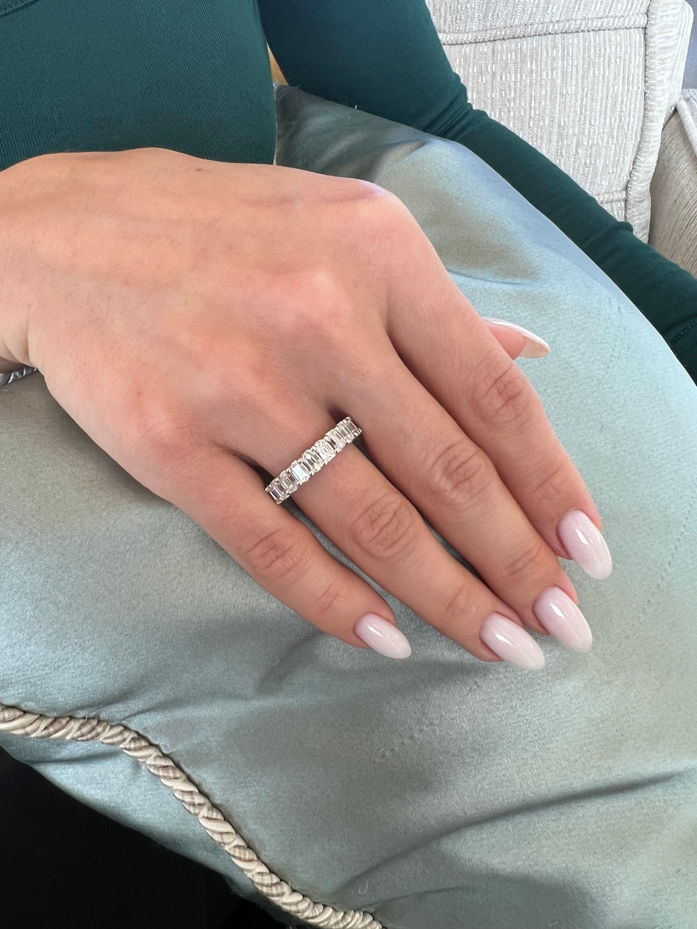 Zamora-Emerald Lab White Gold Diamond  Eternity Band, Female Hand