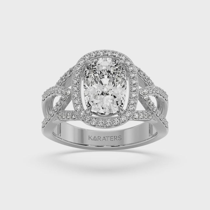 Anemone - Elongated Cushion Cut Lab Grown White Gold Diamond Engagement Ring with Twist Band and Sidestones