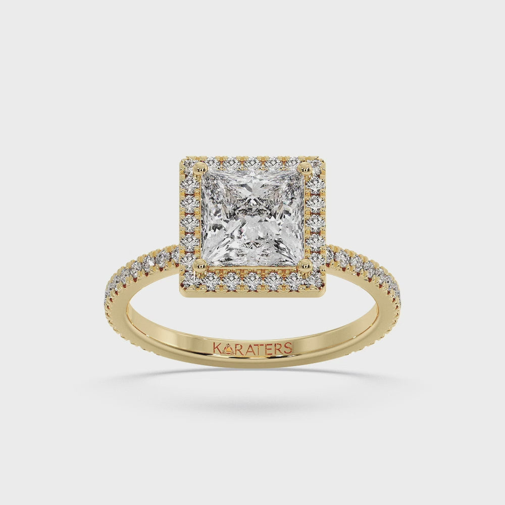 Princess Lab Diamond Ring with Pavé Side Stones & Halo Yellow