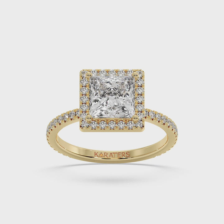 Princess Lab Diamond Ring with Pavé Side Stones & Halo Yellow