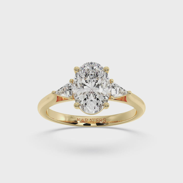 Oval Lab Diamond Engagement Ring with Trillion Side Stones Yellow