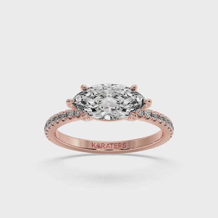 Enzian - East To West Marquise Cut Lab Rose Gold Diamond Engagement Ring With Side Stones