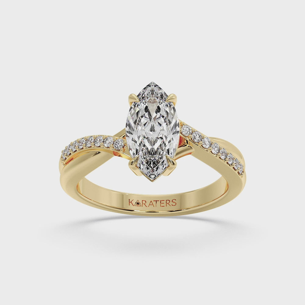 Lobelie - Marquise Cut Lab Grown Diamond Engagement Ring With Twist Pave Band, Yellow Gold