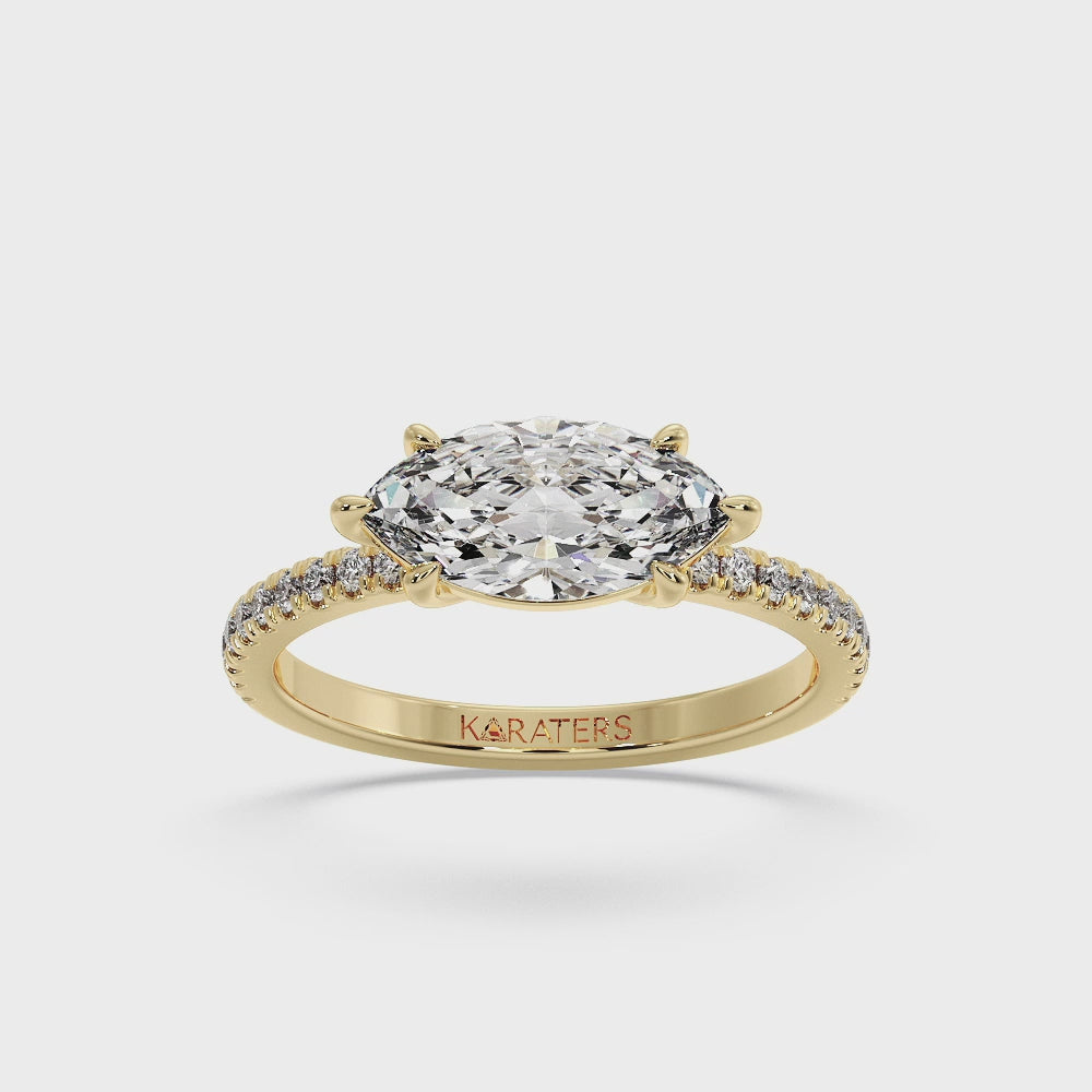 Enzian - East To West Marquise Cut Lab Yellow Gold Diamond Engagement Ring With Side Stones