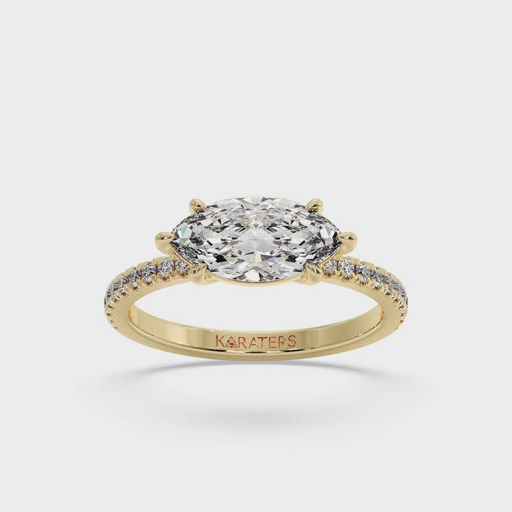 Enzian - East To West Marquise Cut Lab Yellow Gold Diamond Engagement Ring With Side Stones