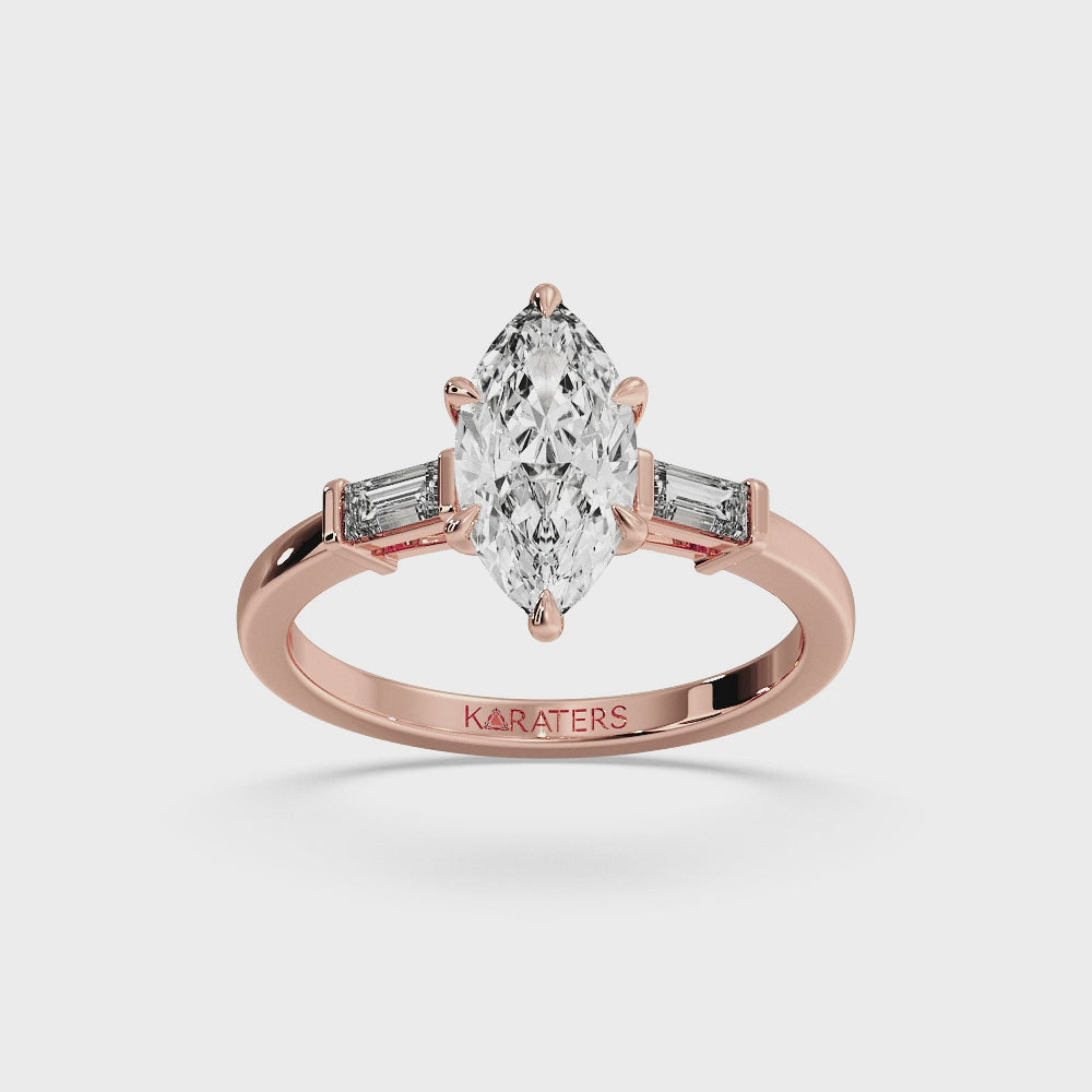 Iris - Marquise Cut Lab Rose Gold Diamond Ring With Baguette SideStones