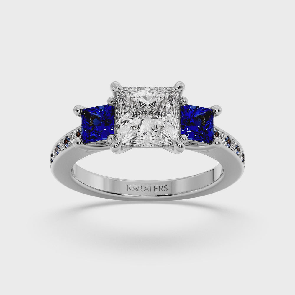 Princess Lab Diamond Ring Sapphire Sidestones White