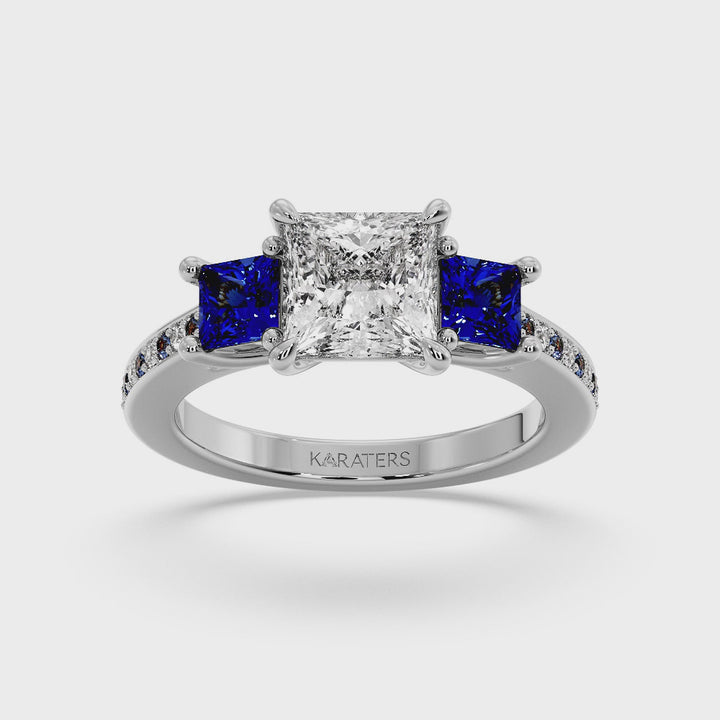 Princess Lab Diamond Ring Sapphire Sidestones White