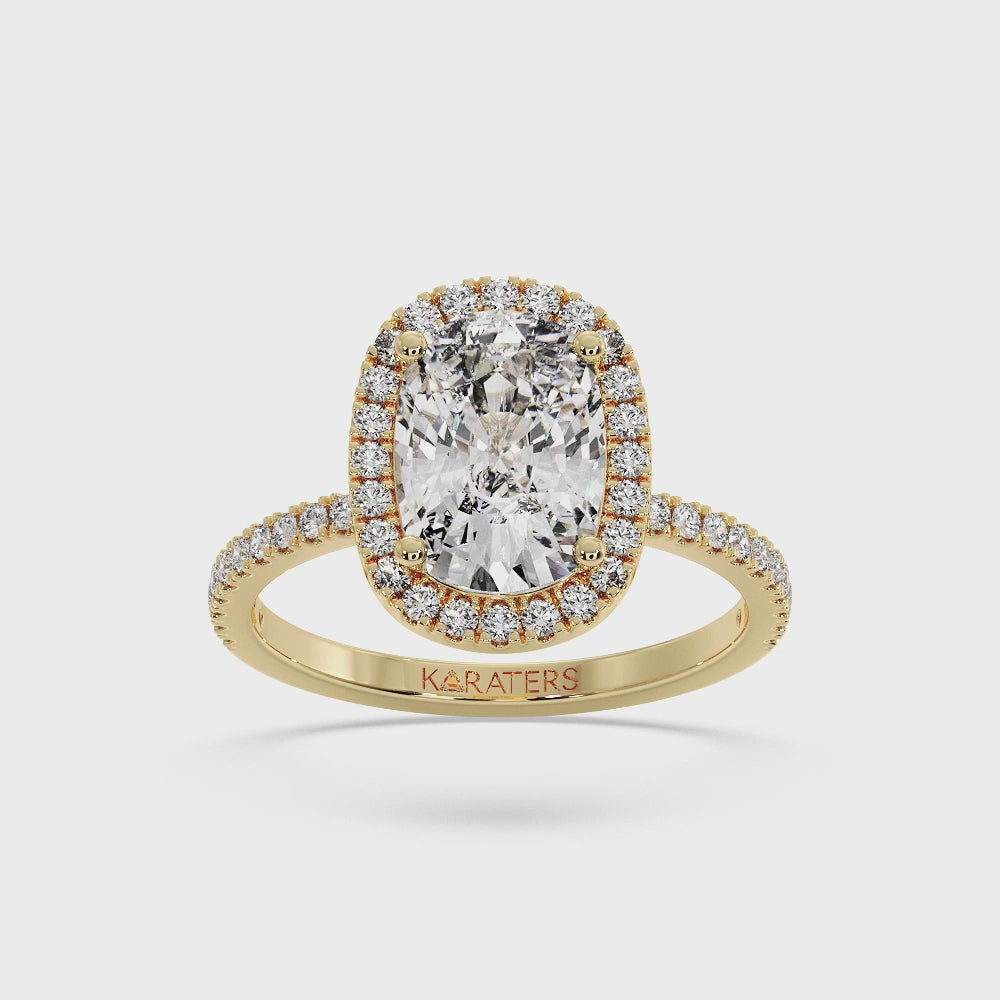 Elongated Cushion Halo Lab Diamond Yellow Gold Ring SideStones