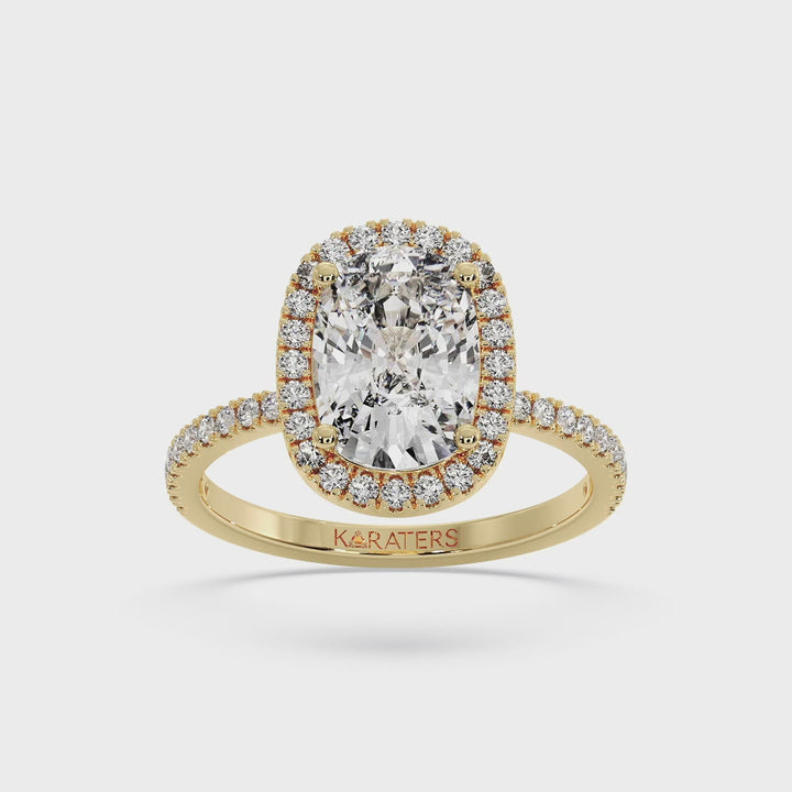 Elongated Cushion Halo Lab Diamond Yellow Gold Ring SideStones