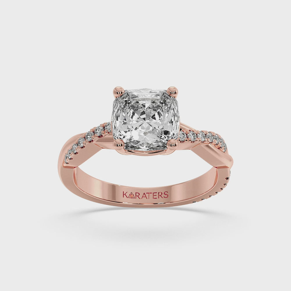 Cushion Cut Lab Diamond Ring Twist Band & SideStones Rose