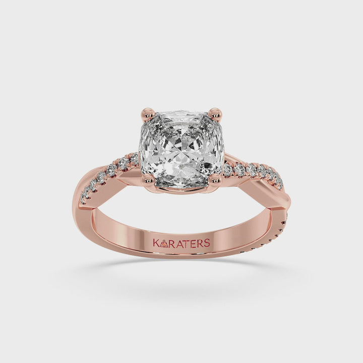 Cushion Cut Lab Diamond Ring Twist Band & SideStones Rose
