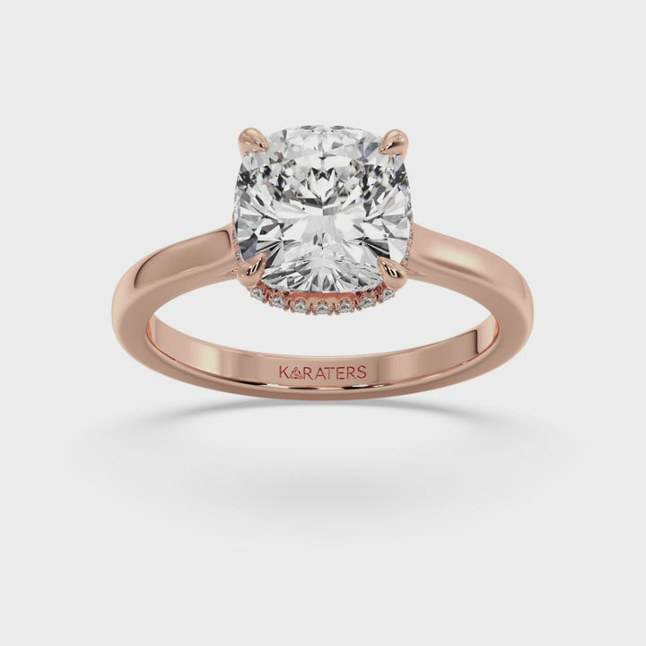 Cushion Cut Lab Grown Diamond Solitaire Engagement Ring with Hidden Halo