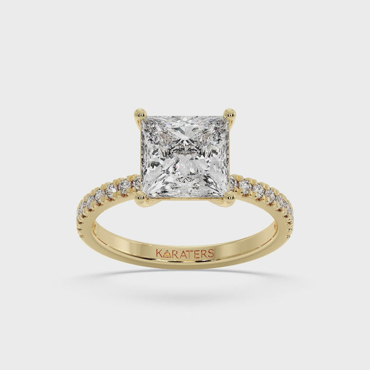 Princess cut Lab Diamond Ring with Pave SideStones Yellow Gold