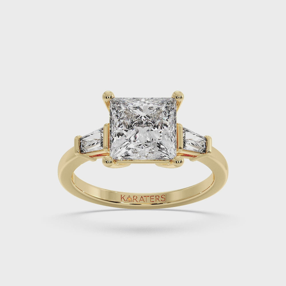 Princess Lab Diamond Solitaire Ring Tapered Baguette Yellow Gold