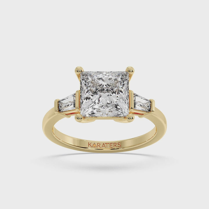 Princess Lab Diamond Solitaire Ring Tapered Baguette Yellow Gold