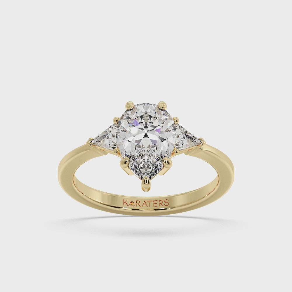Beber - Pear Shape Lab Yellow Gold Diamond Engagement Ring with Trillion Side Stones