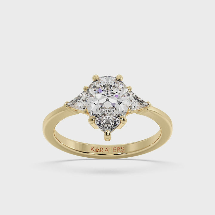Beber - Pear Shape Lab Yellow Gold Diamond Engagement Ring with Trillion Side Stones