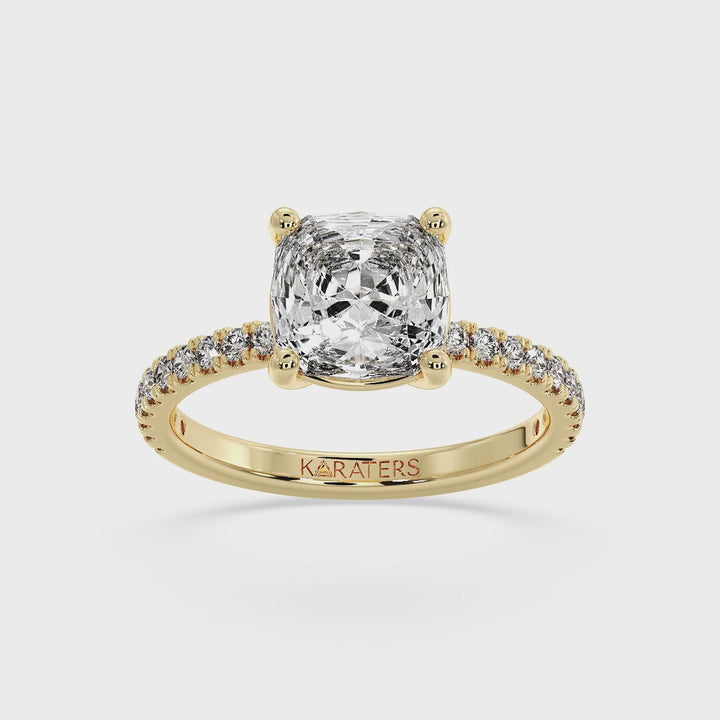 Cushion Cut Lab grown Diamond Ring SideStones Yellow