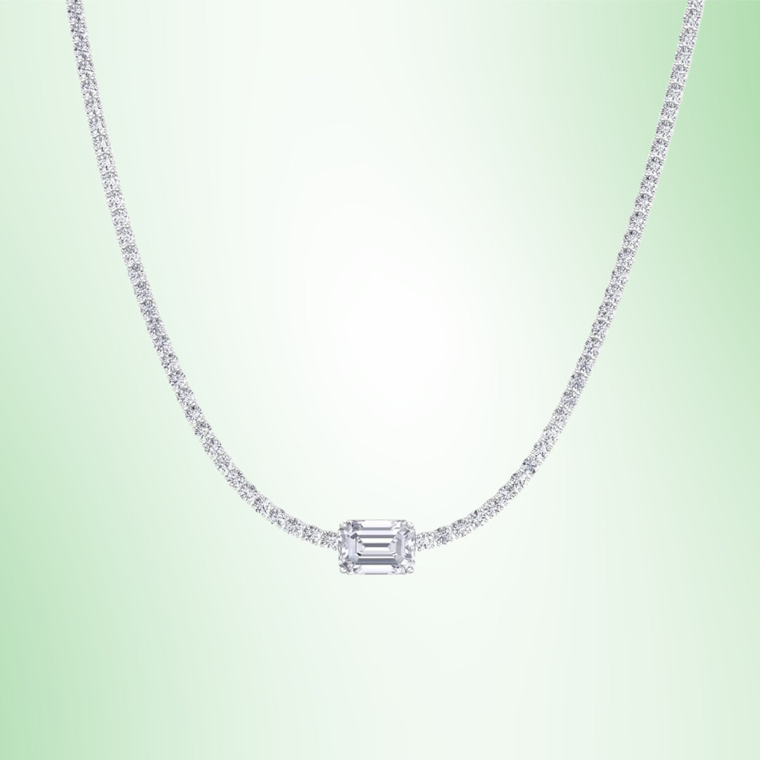 (10.75CT T.W) Classic LabDiamond Tennis Necklace Emerald Center Stone 14K Solid Gold