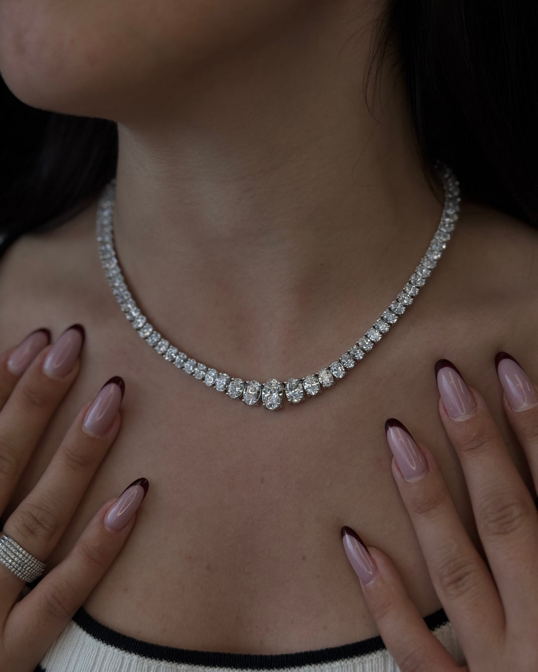 Oval Cut Graduated Lab Grown Necklace 18K Solid Gold