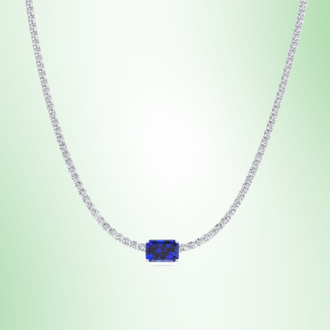 (12CT T.W.) Single Stone Blue Sapphire Lab-Grown Diamond Tennis Necklace 14K Solid Gold
