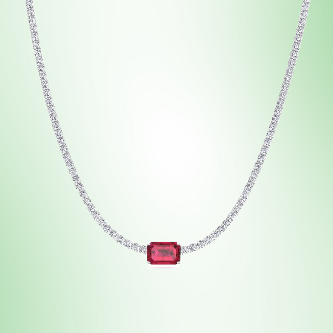 (12CT T.W.) Single Stone Red Ruby Lab Diamond Tennis Necklace 14K Solid Gold