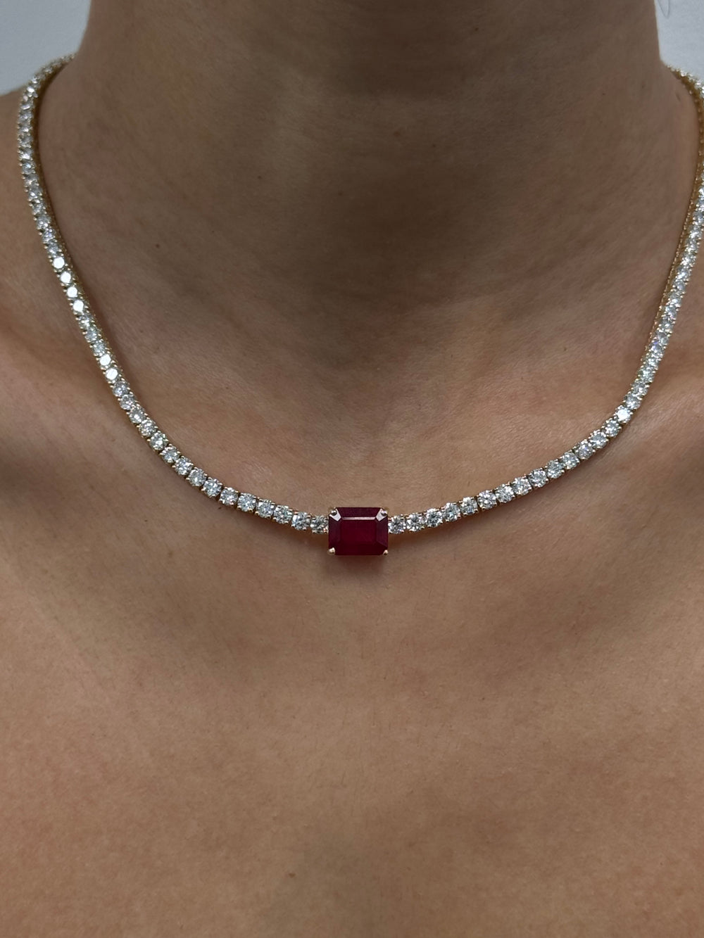 (12CT T.W.) Single Stone Red Ruby Lab Diamond Tennis Necklace Solid Gold